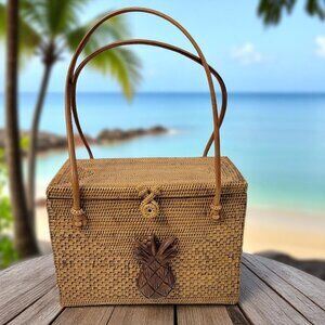 Dewi Artisan Woven Rattan Pineapple Box Purse – Coastal Boho Summer Bag
